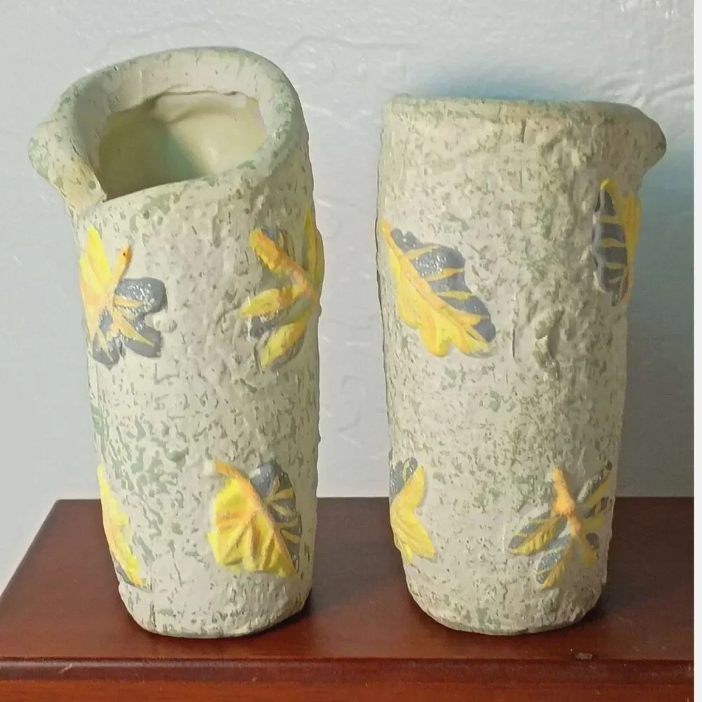 Handcrafted White Ceramic Vases with Yellow Leaves, Handpainted Clay Pottery